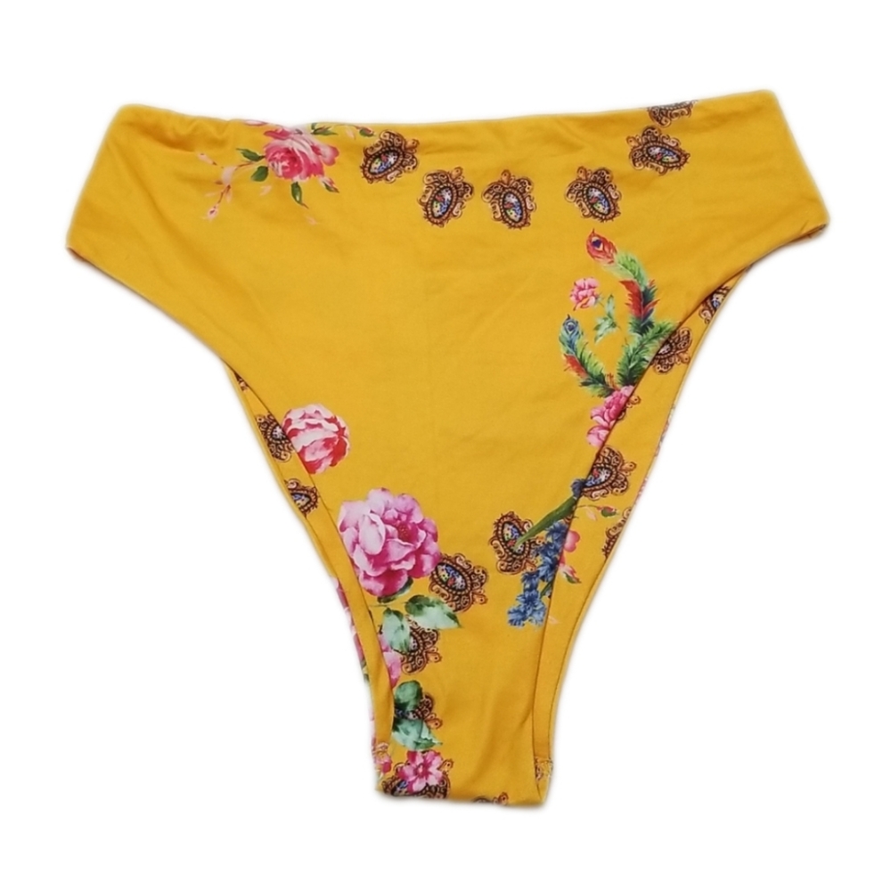 Reverse Floral High Waisted Yellow Bikini Bottom Large
